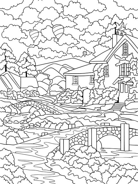 Rural Scenery Coloring Page: Cottages, Streams and Hot - air Balloons