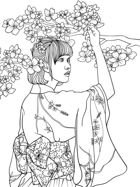 Coloring Page of a Woman in Kimono Admiring Cherry Blossoms