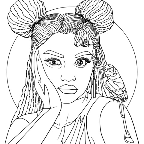 Red - Haired Girl and Bird Coloring Page