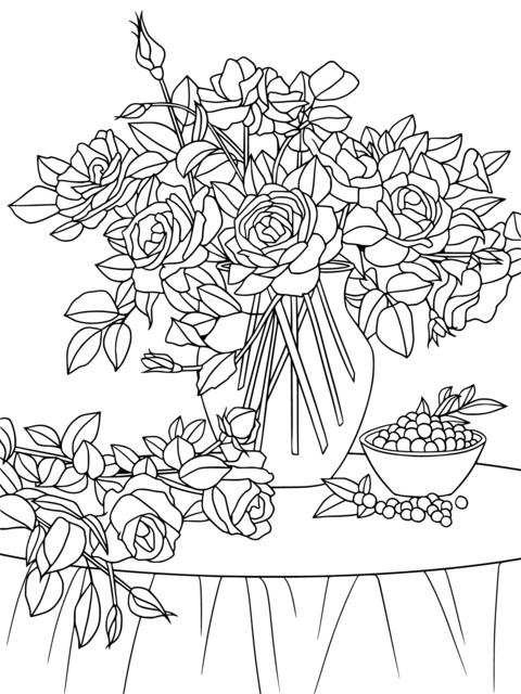 Coloring Page of a Vase with Colorful Roses