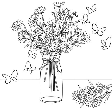 Dreamy Vase with Flower Arrangement and Butterflies Coloring Page