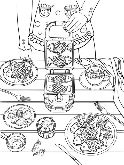 開けられる弁当箱と美味しい料理の塗り絵ページ