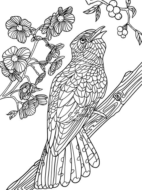 Coloring Page of a Colorful Bird and Flowers