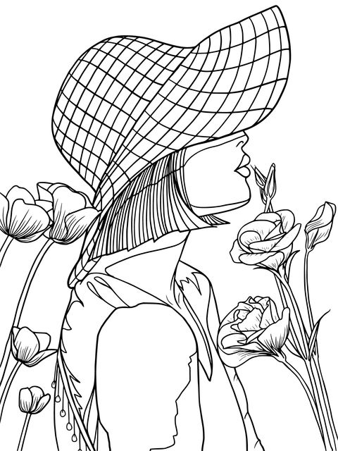 Coloring Page of a Woman with a Hat and Red Flowers