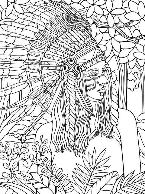 Native - American - style Coloring Page with Colorful Illustration