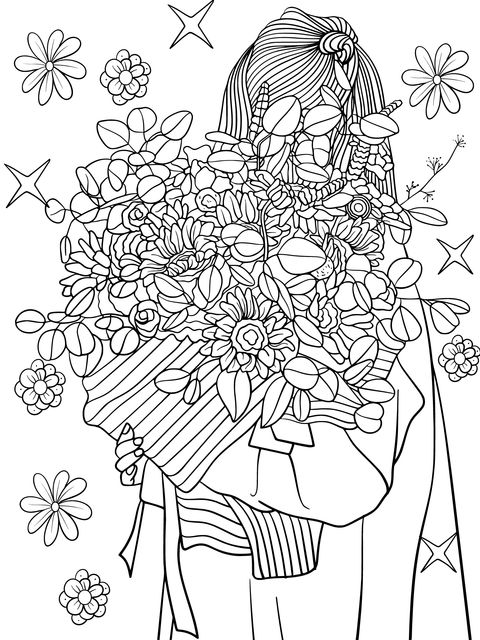 Coloring Page of a Person Holding a Bouquet from Behind