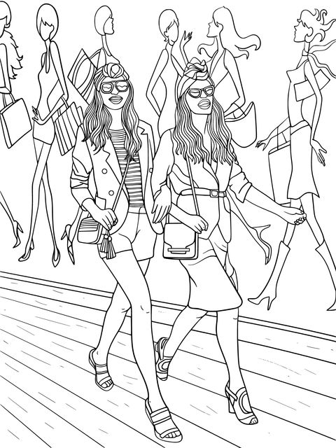 Fashionable Women Strolling Coloring Page