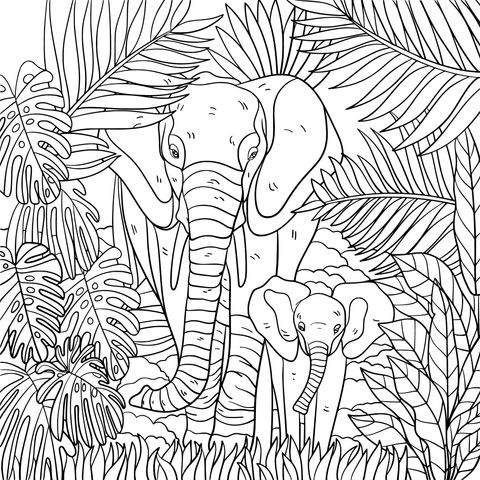 Mother - and - baby elephants in the jungle coloring page