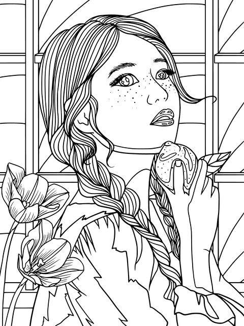 Coloring Page of a Girl Holding a Lemon by the Window