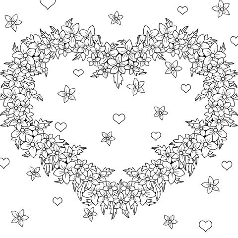 Heart - shaped flower wreath with scattered hearts and small flowers