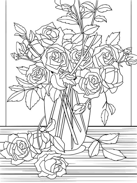 Coloring Page of Colorful Roses in a Vase