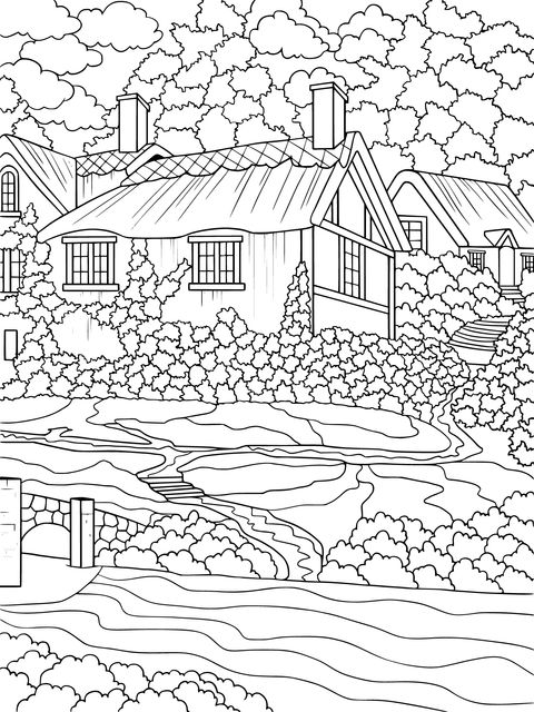 Riverside Cottage Landscape Coloring Page