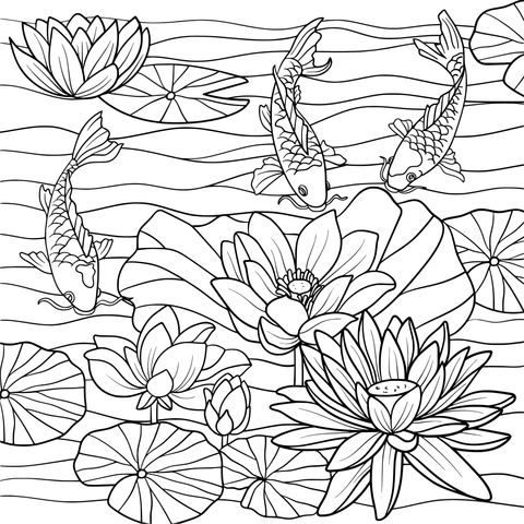 Koi Fish and Lotus Coloring Page