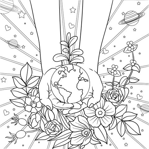 Dreamy Planet and Flower Coloring Page