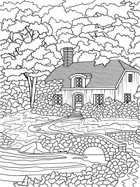 Autumn Cottage Landscape Coloring Page