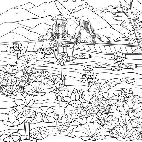 Ancient - style Coloring Page of Rowing on a Lotus - filled Pond