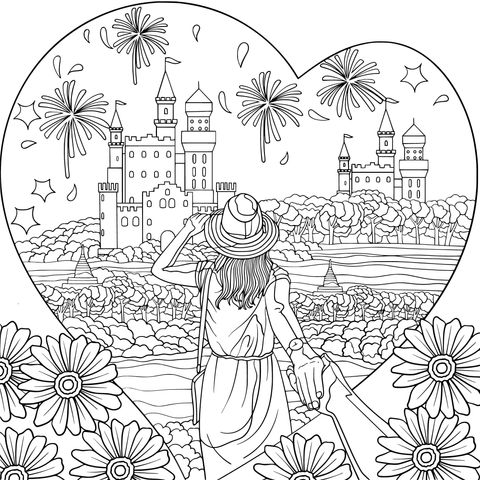 Romantic Castle - themed Coloring Page: A Warm Moment of Holding Hands and Sight - seeing