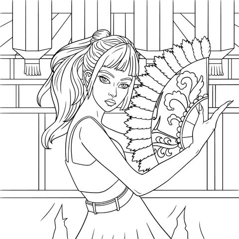 Mysterious Girl with Fan Coloring Page