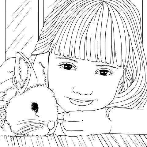 Coloring Page of a Little Girl and a Rabbit