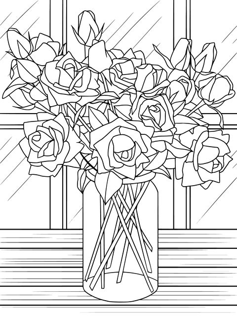 Pink Roses in a Vase by the Window Coloring Page