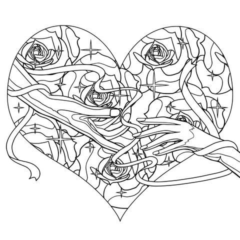 Romantic Hand - holding with Heart and Roses Coloring Page