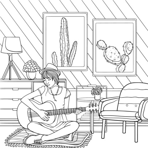 Coloring Page of a Girl Playing the Guitar in a Room