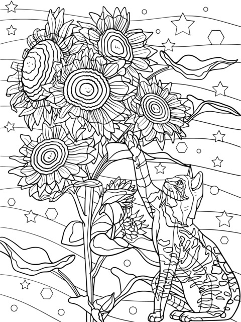 Cute Cat and Sunflowers Coloring Page