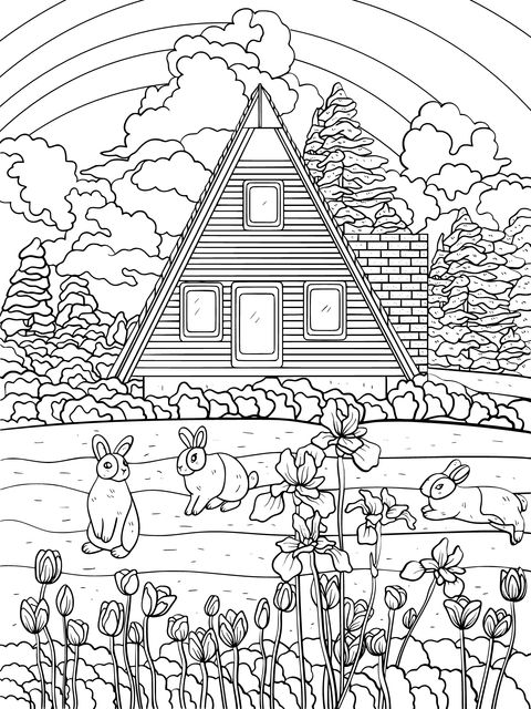 Rabbits and Flower - bed beside the Log Cabin