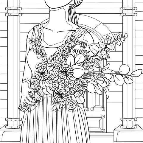 Coloring Page of a Woman Holding a Bouquet