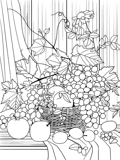 Fruit Basket and Flowers Coloring Page