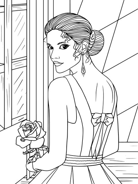 Coloring Page of an Elegant Woman Holding a Rose