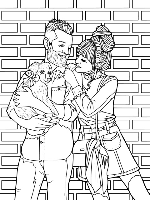 Couple and Pet Coloring Page