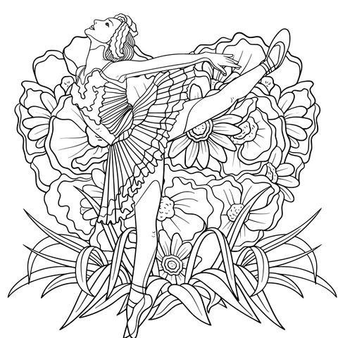 Página para colorear de una bailarina de ballet y flores