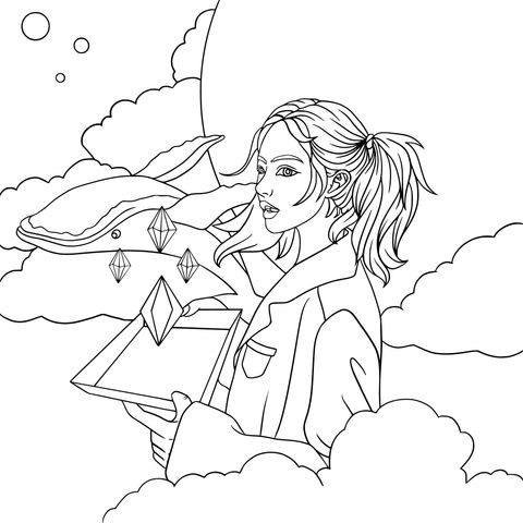 Fantasy Girl and Cute Rabbit on Clouds Coloring Page