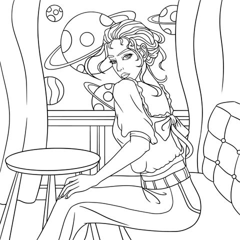 Coloring Page of a Girl with a Dreamy Cosmic Background