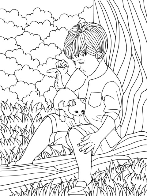 Heart - warming Scene of a Boy and a Kitten Coloring Page