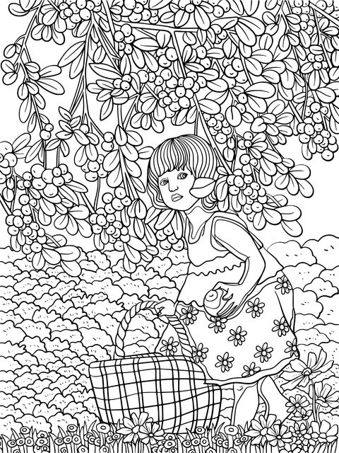 Girl Picking Sea - Buckthorn Berries Coloring Page