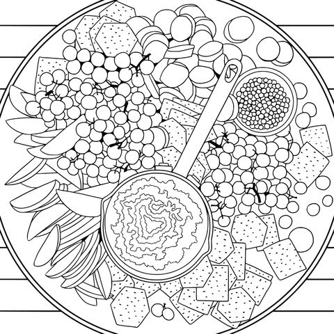 Coloring Page of a Delightful Food Platter