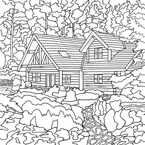 Coloring Page of a Log Cabin in the Forest