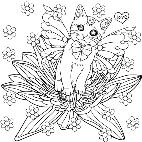 Página para colorir de um gato com asas e flores