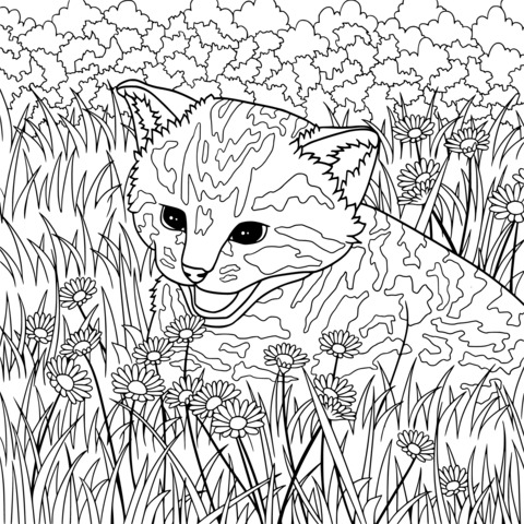 Dibujo para colorear de un adorable gatito en un prado lleno de flores