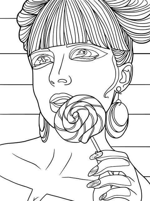 Fashionable Woman with Lollipop Coloring Page