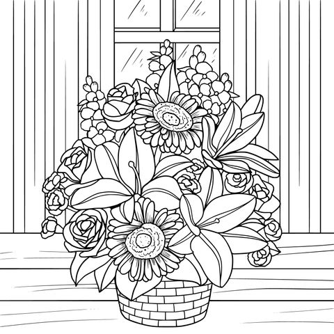 Página para colorear de una canasta de flores junto a la ventana