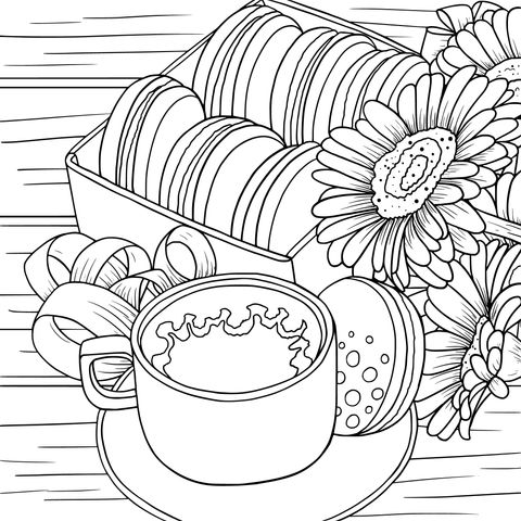 Página de colorear de macarones, flores y café coloridos