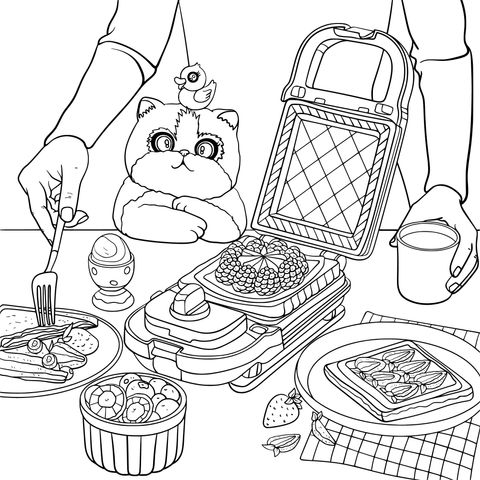 Cute Cat - Accompanied Breakfast Coloring Page