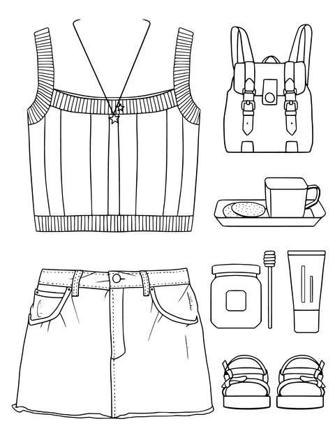 ファッションウェアと生活アイテムの塗り絵ページ