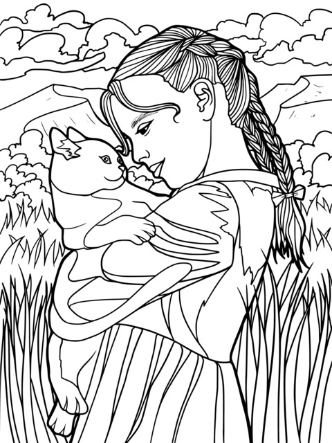 Dibujo para colorear entrañable de una chica y un gato