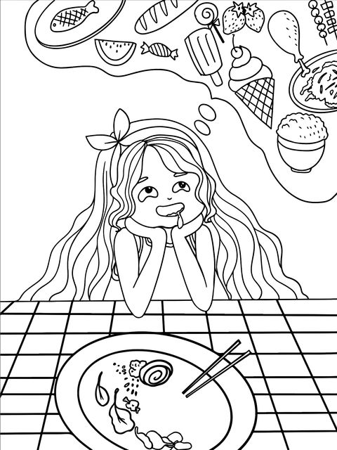 Coloring Page of a Girl Imagining Delicious Foods