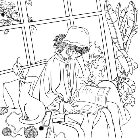 A Cozy Scene of a Woman Reading a Coloring Page by the Window