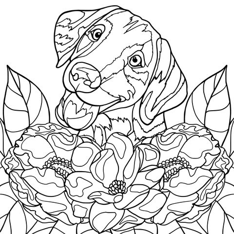 Adorable Golden Retriever and Gorgeous Flowers Coloring Page